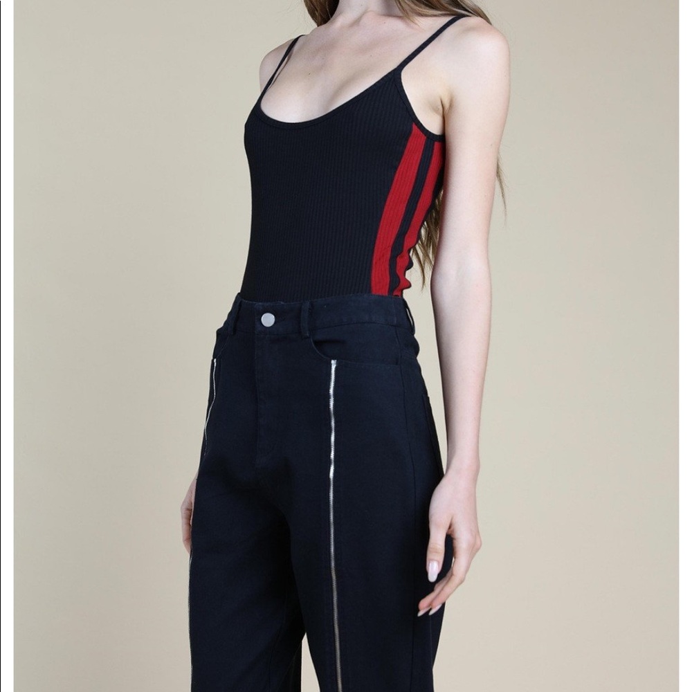 Wild Honey Ribbed Black Bodysuit with Red Stripe